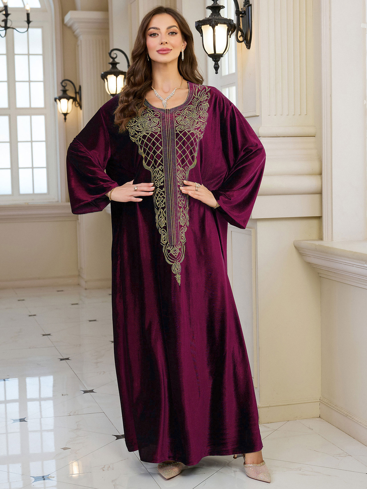 Elegant Embroidered Kaftan Dress Beach Bathing Suit Cover up Long Maxi Dress
